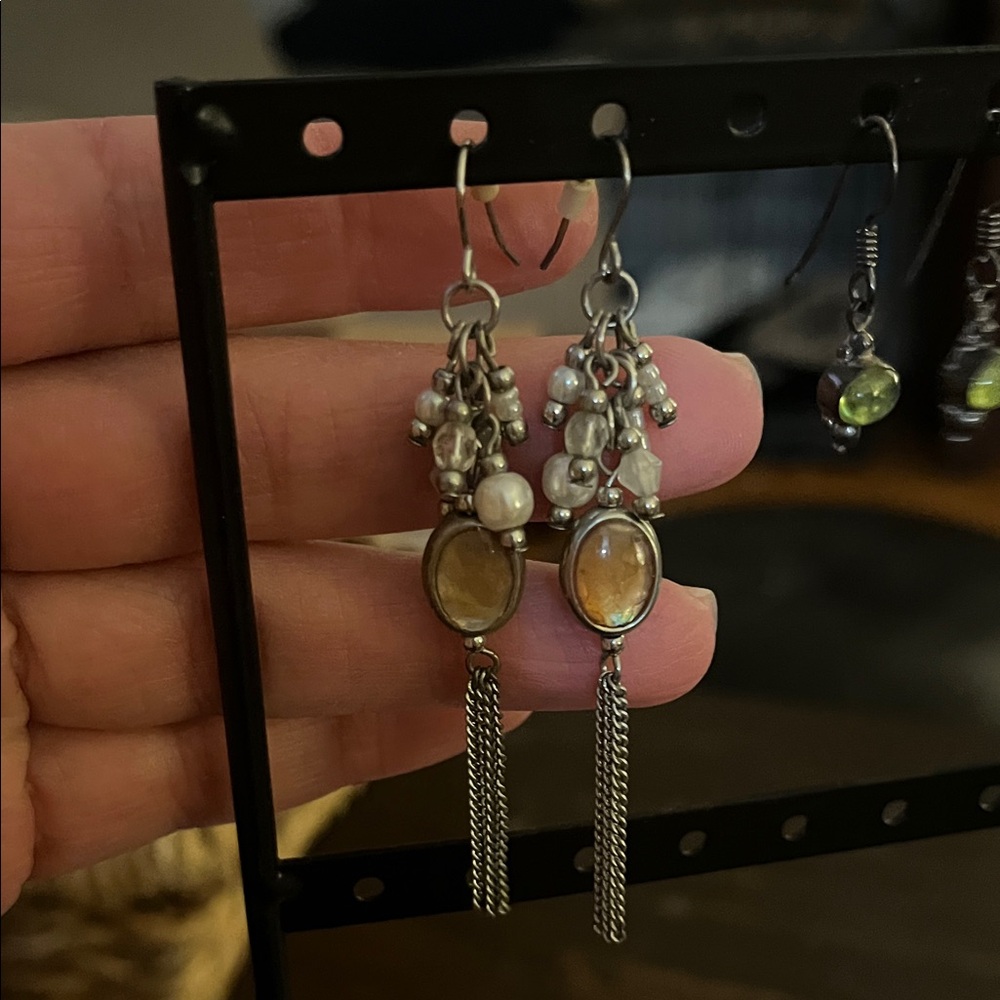 Sterling Drop Earrings with Amber/ Color change Gemstones and Pearl Accents